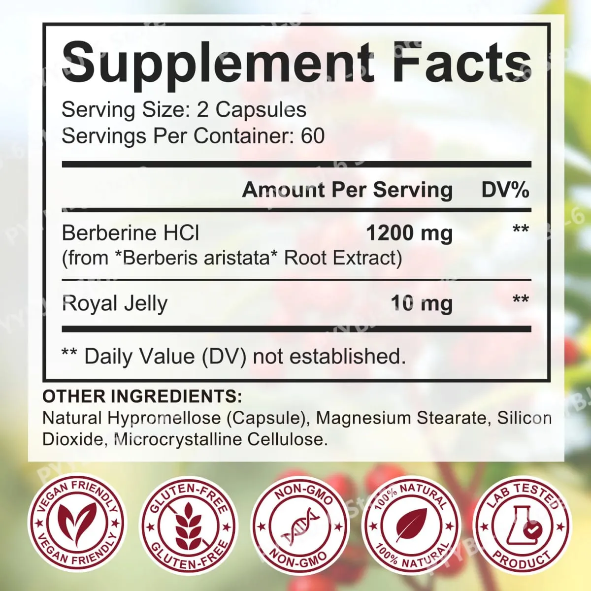 Berberine Plus Kapsler 1200mg Berberin HCl Metabolisme og fordøjelsessystemets tarmsundhed 120 kapsler — image 6