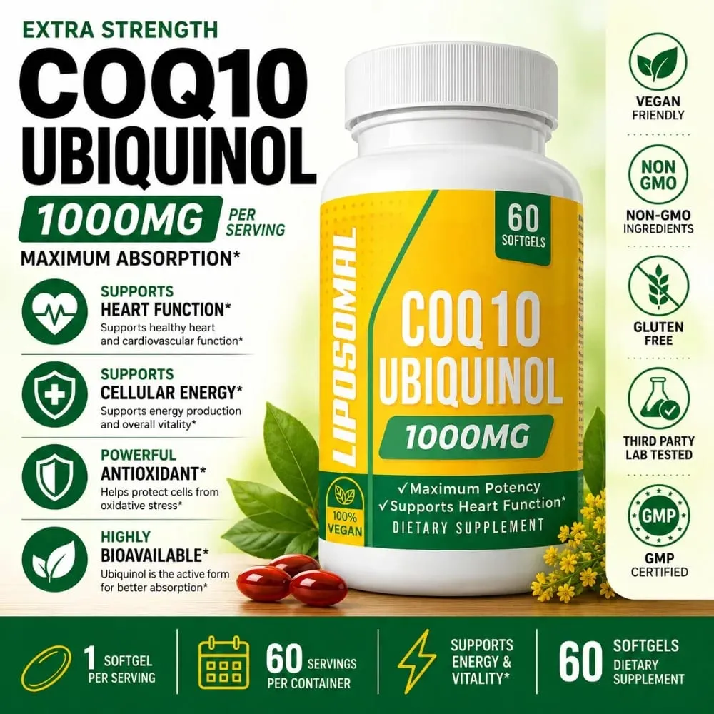 CoQ10 Ubiquinol 1000mg Vegan Softgels 60 Ct Lipossomal Coenzima Q10 de alta absorção para suporte diário antioxidante de energia cardíaca — image 1