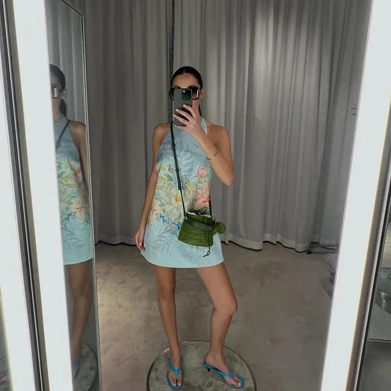 Bohemian Floral Print Halter Neck Mini Dress Women Sexy Sleeveless Backless Short Skirt Lady Summer Party Vacation Beachwear — image 4