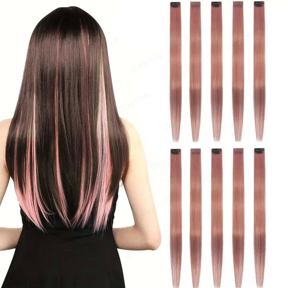 2 Pcs Pink Hair Extensions 16Inches Straight Colored Hair Colorful Clip in Extensions Highlight Party for Girls and Women Gift — image 2