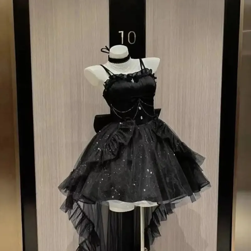 Gotisk Röd Lolita JSK Klänning Dam Spaghetti Band Volang Tyll Kjol Kedja Rosett Dekor Hög Låg Fåll Vintage Princess Festklänning — image 8