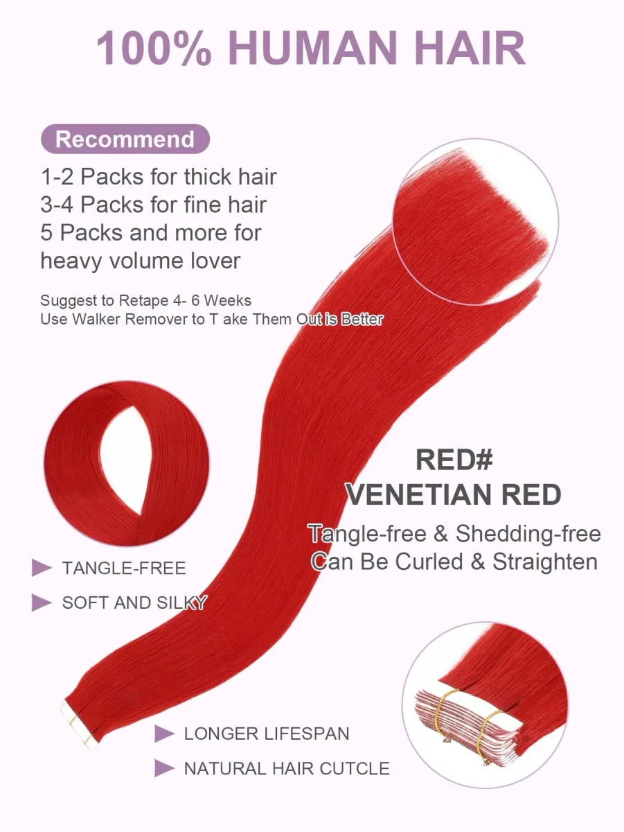 Red Human Hair Tape-In Hair Extensions Brighten Your Hair Color Add Hair Length&Volume or Cosplay Use Hair Extensions 50g 20Pcs — image 2