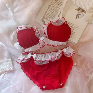 Lingerie Meisje Fee Strik Chiffon Dunne Stijl Schattig Geen Stalen Ring Driehoek Cup Bh Set Vrouwen Grote Maat Bralette Panty 2 stuks