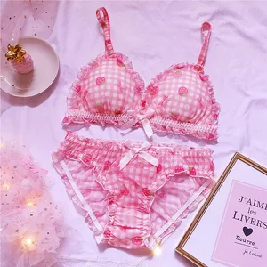Leuke Japanse bh's slips ondergoed set Lolita meisje roze geruite bloem mesh sexy aardbei print bh & slipje lingerie set