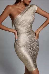 Κομψό Club Party Dress Vestidos υψηλής ποιότητας Celebrity One Shoulder Foiling Gold Print Rayon Bandage Dress