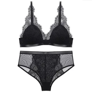 Bra Cup Segitiga Renda Nirkabel Berjajar Tipis dan Set Celana Dalam Pakaian Dalam Wanita Lingerie Perancis Seksi Bra Anak Perempuan Bralette