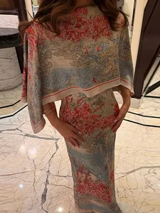 Frauen Tropical Leaf Print Cape Zwei Stück Set Batwing Lose Top Hohe Taille Maxi Kleid 2026 Sommer Mode Urlaub Casual anzug