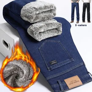 Jeans Tebal Berlapis Bulu Pria Celana Denim Slim Fit Melar Hangat Musim Dingin Celana Panjang Lembut Nyaman untuk Pakaian Kerja Sehari-hari