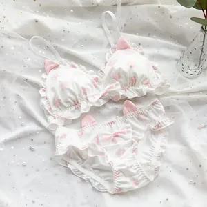 Japanse zachte meisjesbeha set schattig katje pootontwerp melkzijde stof draadvrije driehoekige cup dameslingerie