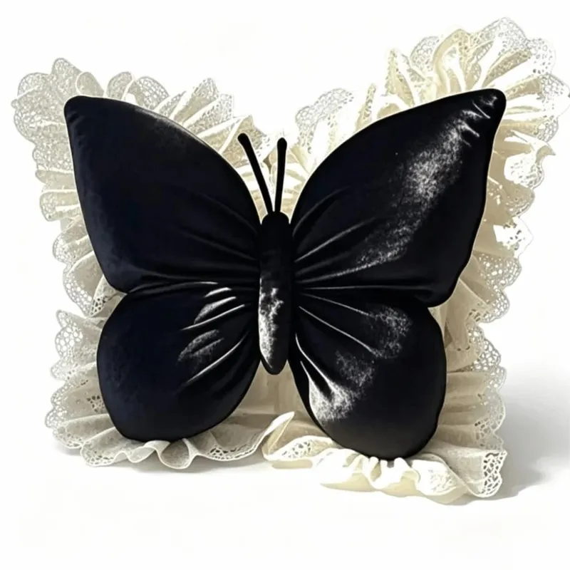 Decorative Cushion Velvet Butterfly Plush Pillow Lace Trim Plush Bow Plush Cushion Soft Cute Bow Throw Pillow Sofa