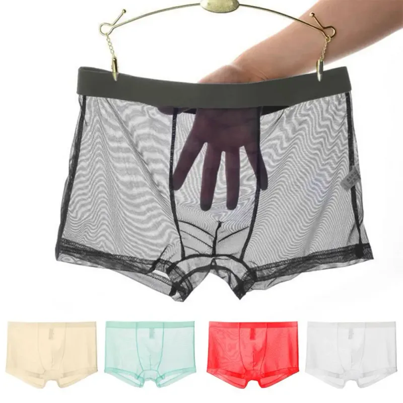 Boxer Transparan untuk Pria Celana Dalam Pria Tembus Pandang Celana Dalam Pria Pendingin Tipis Sutra Es Pinggang Rendah Jaring Seksi Pakaian Dalam Pria