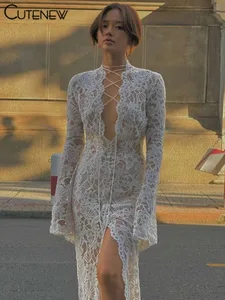 Cutenew Kant Sheer Vrouwen Maxi Jurk Sexy Solid Fashion Lange Mouw O-hals Bandage Schede Vestidos Vrouwelijke Prachtige Nightout Gewaad