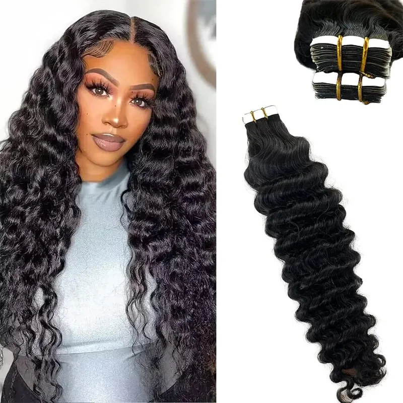 Deep Wave Tape In Extensions 100% Human Hair Deep Curly Tape on Hair Extensions Skin Weft Remy Natural Hair Extensions