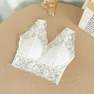 레이스 브래지어 탑 딥 브이 넥 Bralette 여성 짧은 레이스 탱크 브래지어 섹시한 란제리 와이어 무료 속옷 패딩 자른 캐미솔 브래지어