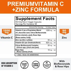 1200 mg Vitamin-C-Kapseln – mit Zink – Immunsystem und Kollagen-Booster, gentechnikfrei und glutenfrei, vegetarisch