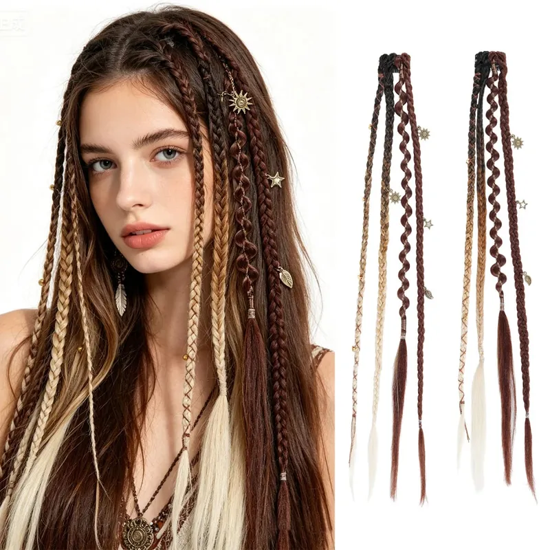 Clip in Braid Hair Extensions for Women 20" Boho Dreadlock Clip in Braids with Beads & Charms 2PCS Synthetic Braided Hairpiece