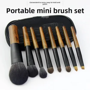 8Pcs 미니 여행 메이크업 브러쉬 세트 파우치 나무 손잡이 화장품 브러쉬 페이스 파우더 블러쉬 형광펜 컨실러 아이 섀도우