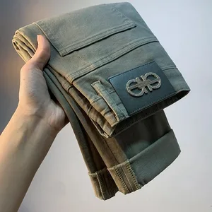Light luxury men's jeans 2025 summer thin stretch tapered small straight leg casual versatile denim solid color pants
