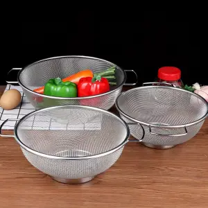 2pcs 21cm+24cm துருப்பிடிக்காத ஸ்டீல் வடிகால் கூடை சமையலறை கூடை கைப்பிடிகள் காய்கறி கழுவும் கூடை அரிசி வடிகட்டி வடிகட்டி