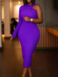 Κομψό Plus Size Μωβ Φόρεμα με έναν ώμο με ασύμμετρο σχέδιο στα μανίκια για κάθε περίσταση