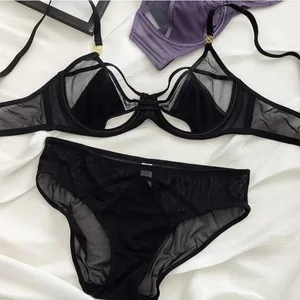 Set Sutiã E Calcinha Rendado Sem Espuma Aro Flexível Push Up Transparente Estilo Dark Academia Sensual E Elegante