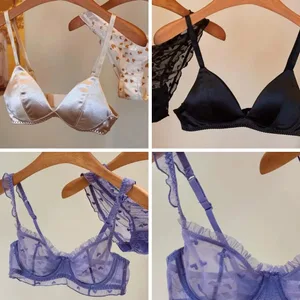 Set de sutien fără marcaj cu cupe triunghiulare din satin sexy Lenjerie confortabilă fără fir pentru sânii mari