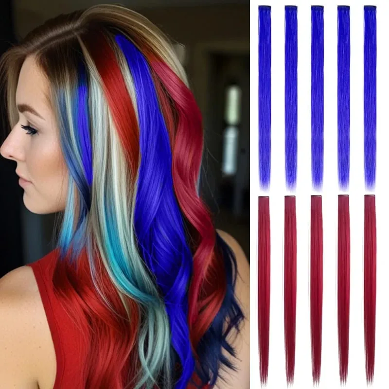 10Pcs 24 Inch Highlight Colorful Single Clip‑in Hair Extensions Synthetic Hair Pieces for Halloween Cosplay Birthday Party