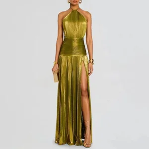 Guld Sexet grime høj splitkjole aftenkjole kvinde Chic solid hul plisseret lang kjole forår sommer rygløs lynlås maxi kjole