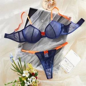 女性のランジェリーネイビーブルー薄手のメッシュ下着鋼リングブラジャーオレンジリボン皮ひも 2 個セクシーなランジェリーコントラストカラー下着