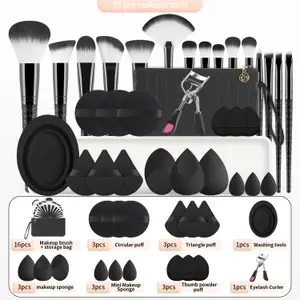 33 ks Vše v jednom Sada make-upových nástrojů 15 štětců Kosmetické houbičky Powder Puff Kulma na řasy s úložným sáčkem pro líčení celého obličeje