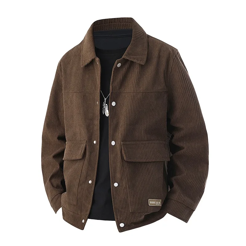 Men Classic Lapel Corduroy Jacket Metal Snap Button Large Patch Pockets Retro Vintage Casual Workwear Streetwear Male Outer Coat