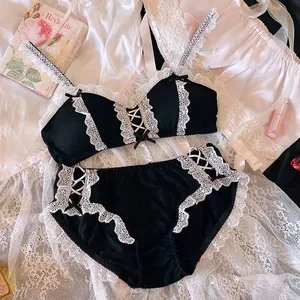 לוליטה ילדה חזיות רטרו Kawaii Maid Lace Sexy Maid Bowknot תחתונים אלחוטיים סט חזייה ותחתונים חוטיני סט ברלטים