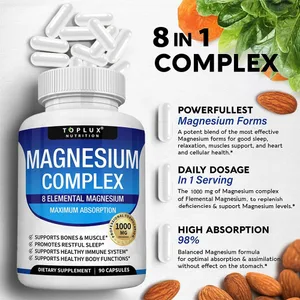 마그네슘 복합체 1000mg 글리시네이트 구연산염 산화물 아스파르테이트 오로테이트 말레이트 타우레이트 높은 복근을 함유한 8가지 원소 마그네슘 보충제