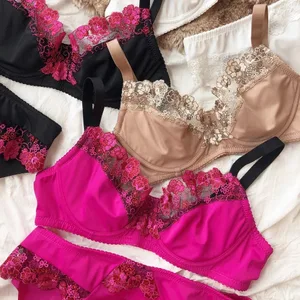 סט חזיית רקמת פרחי תחרה צרפתית לנשים הלבשה תחתונה דקה במיוחד סקסית תחתוני Push Up חזיות בתוספת גודל BCDEFG תחתוני גביע