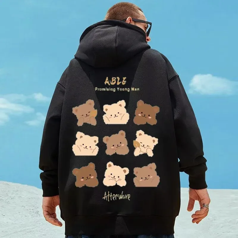 M-8XL Amerikaanse stijl straatbruin schattige beer print oversized hoodie paar hoodie grote zachte fluwelen trui met capuchon voor studenten