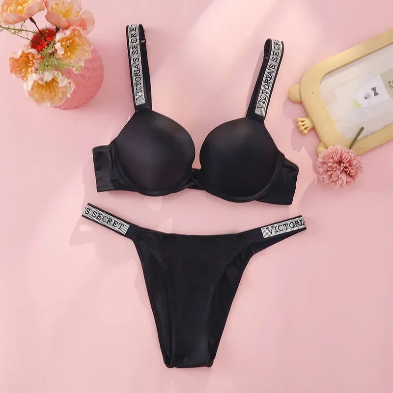 Victoria's Secret Rhinestone Logo Shoulder Straps Lace Underwear Sexy Lingerie Set Push Up Bra at Panties Set Para sa Babae